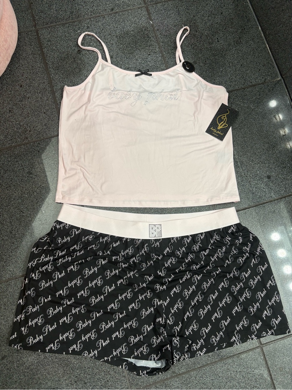 Baby Phat Pink Cami & Black Script Logo Shorts Set